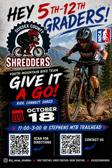 Poster: Hey 5th–12th graders! Sussex County Shredders youth mountain bike team. Give It a Go! Ride. Connect. Shred. October 18, 11:00–3:00 at Stephens MTB trailhead.